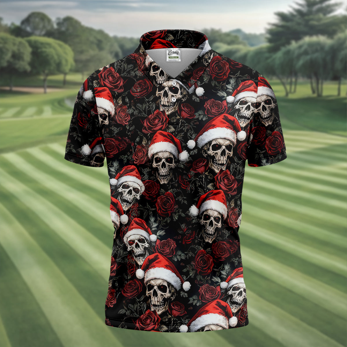 Vintage Skull And Roses Christmas Golf Shirt, Cool Golf Outfit, Polo Shirts For Men, Golf Shirts For Men
