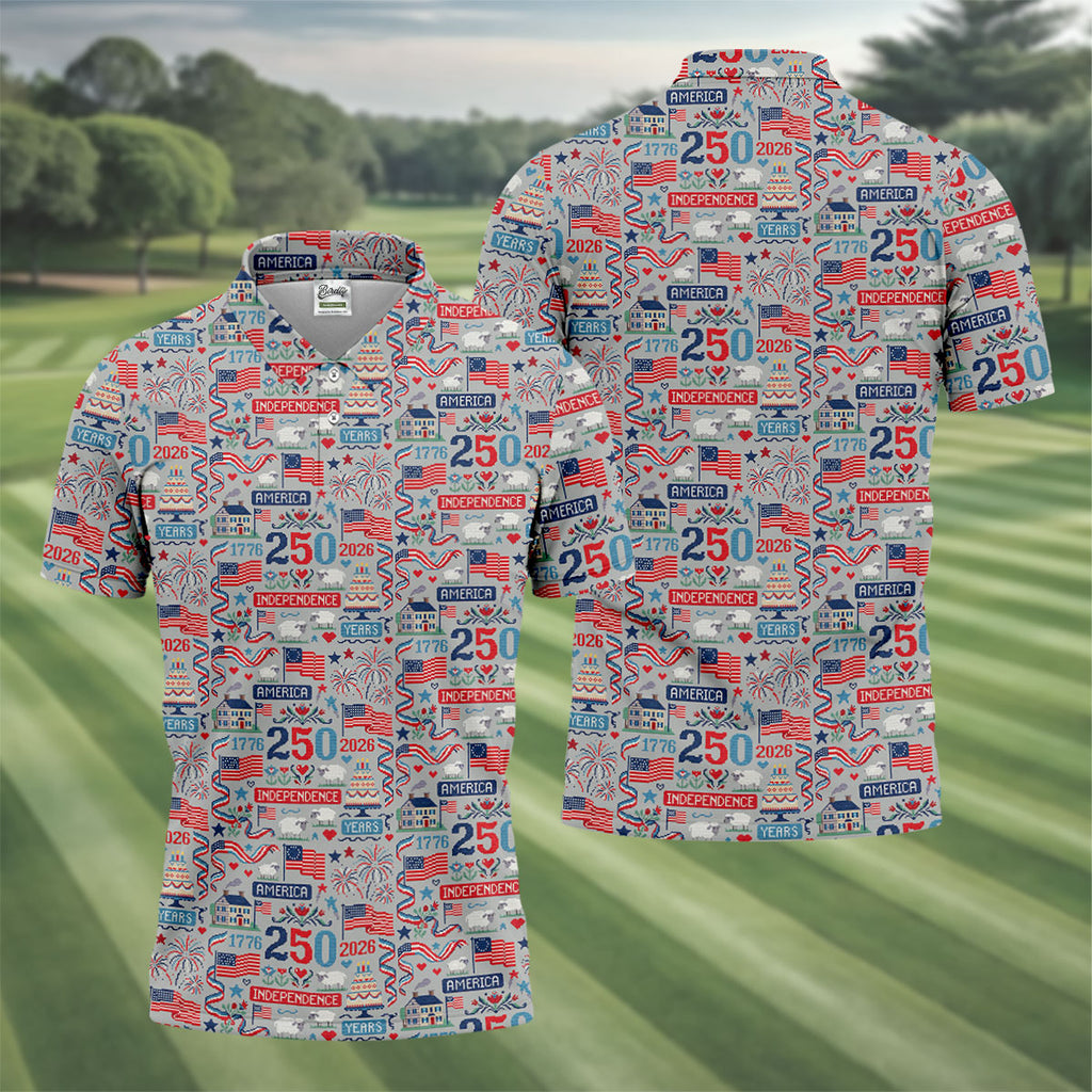 America Independence 250 Years Grey Golf Shirt, Patriotic 4th Of July Golf Shirts For Men