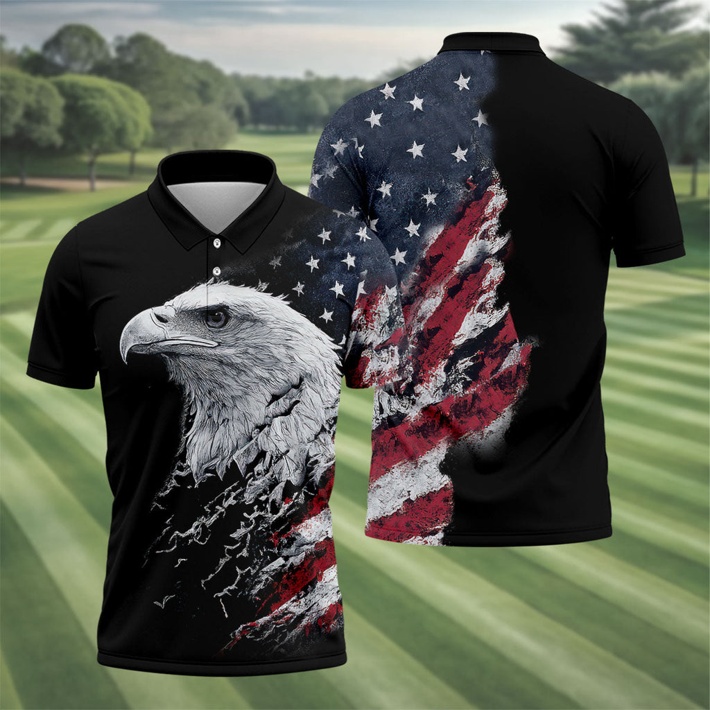 American Flag Bald Eagle Shattering Effect Golf Shirt, Patriotic Golf Shirt, Golf Shirts For Men