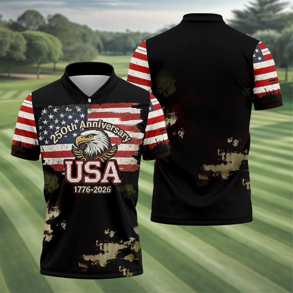 250th Anniversary USA 1776-2026 Distressed Flag Men's Golf Polo Shirt, Patriotic 4th Of July Golf Shirt