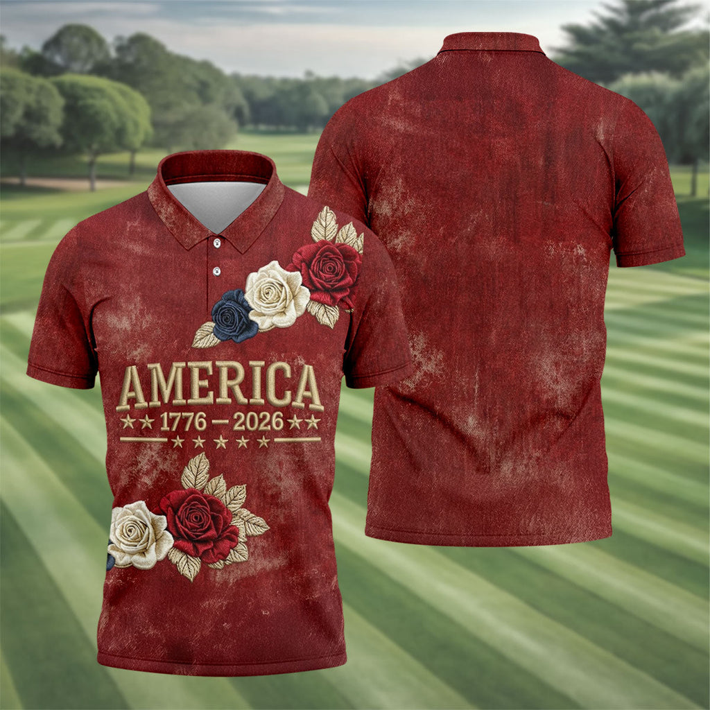 America 1776-2026 Patriotic Roses Vintage Golf Shirt, 250 Years 4th Of July Golf Shirts For Men