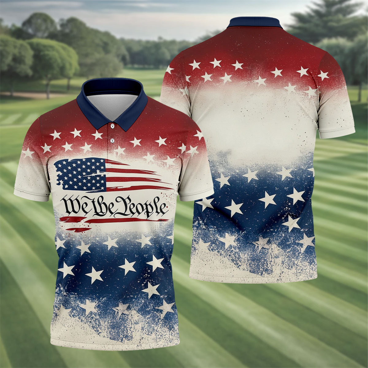 We The People Star And Stripe Distressed Pattern Patriotic Golf Shirt, 250 Years 4th Of July Golf Shirts For Men