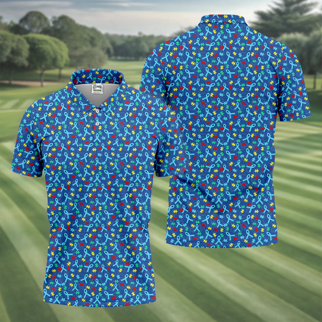 Autism Awareness Ribbon And Colorful Puzzles Blue Golf Shirt, Golf Shirts For Men, Polo Shirts For Men