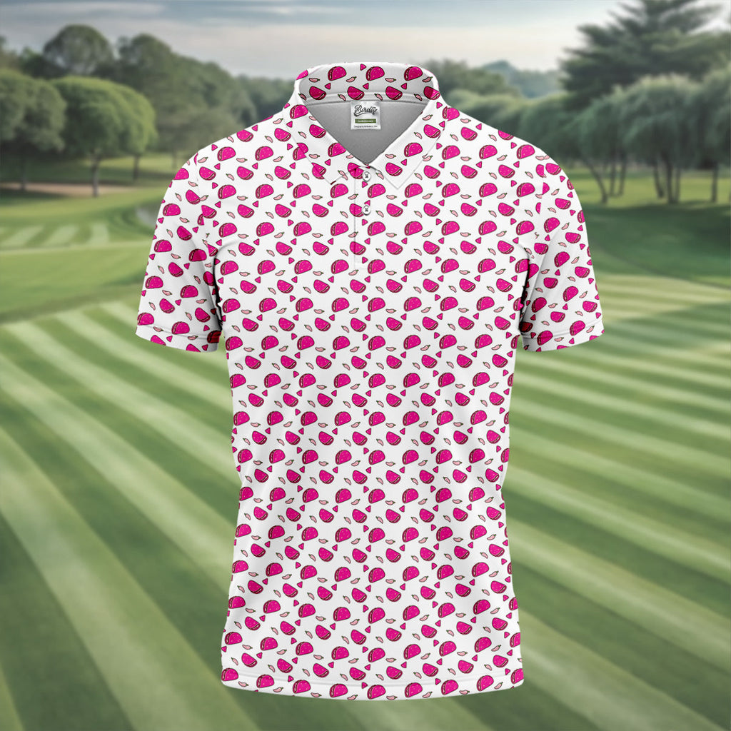 The Pink Taco Seamless Pattern White Golf Shirt, Golf Tops For Men, Tacos Lover Golf Gift For Men