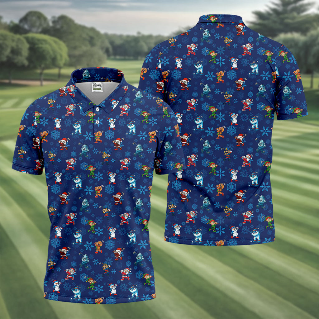 Funny Christmas Characters Golf Pose Navy Golf Shirt, Christmas Golf Shirt, Polo ShirtFor Men