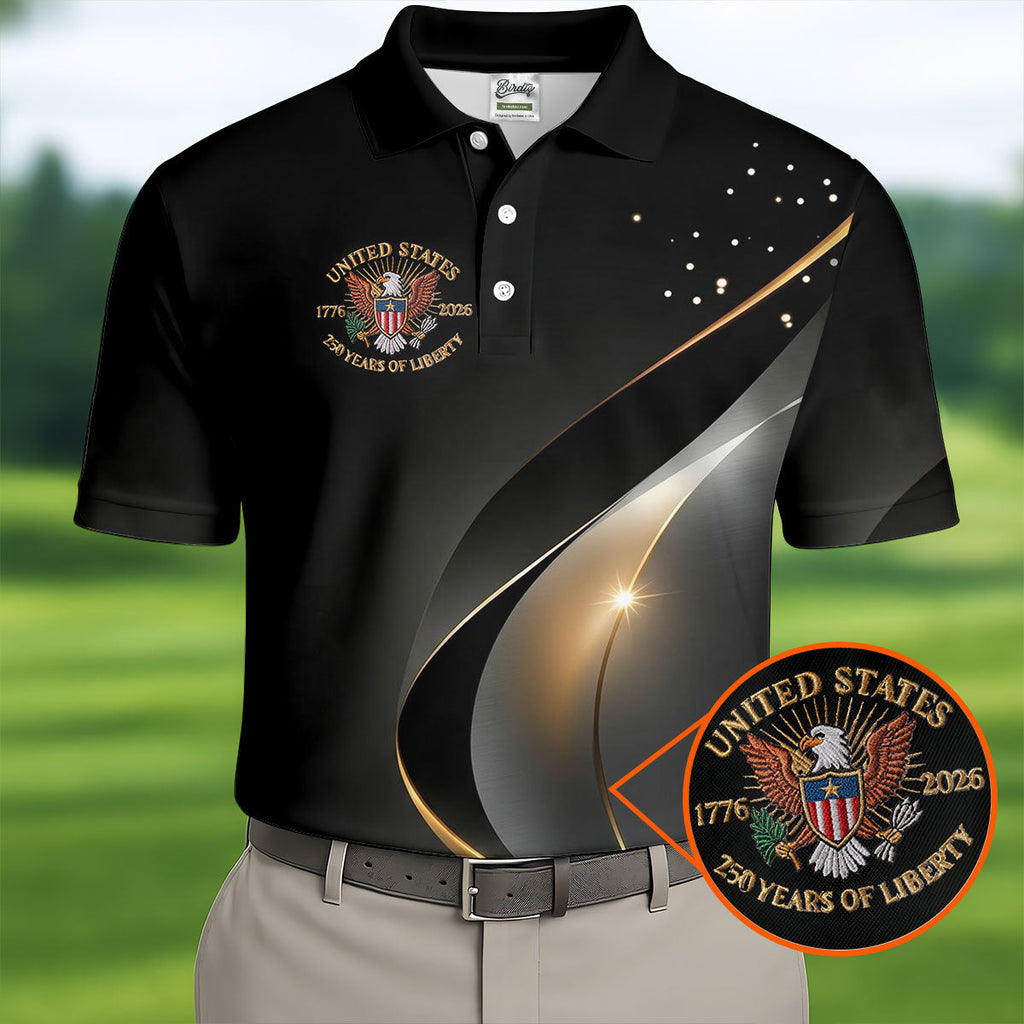 US 250 Years Of Liberty American Flag And Bald Eagle Black Golf Shirt, Patriotic 4th Of July Golf Shirts For Men