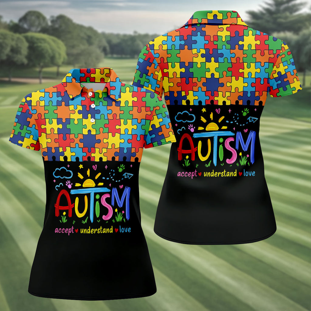 Awareness Accept Understand Love Colorful Puzzle Golf Shirt, Ladies Golf Shirts, Ladies Golf Polos