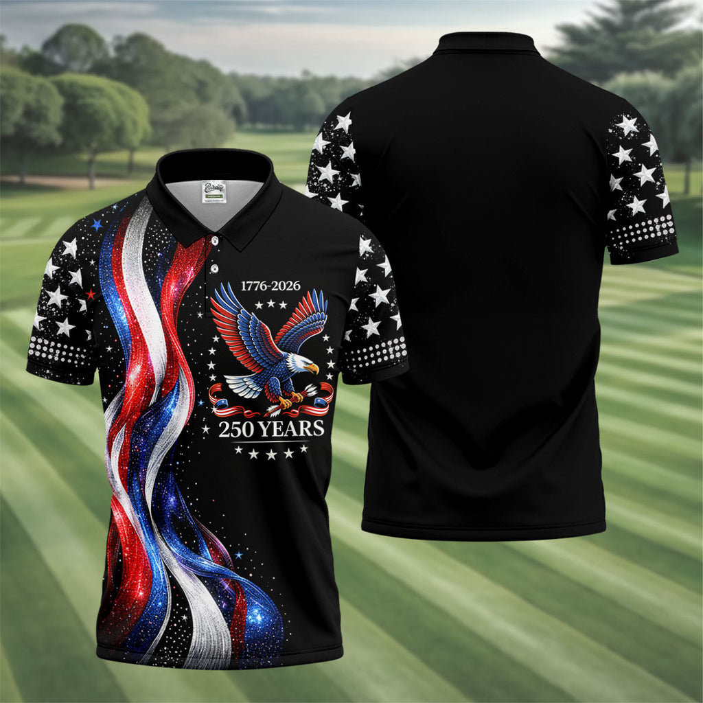 America Bald Eagle Red And White Striped Ribbon 4th Of July Golf Shirt, 250th Anniversary Golf Shirts For Men