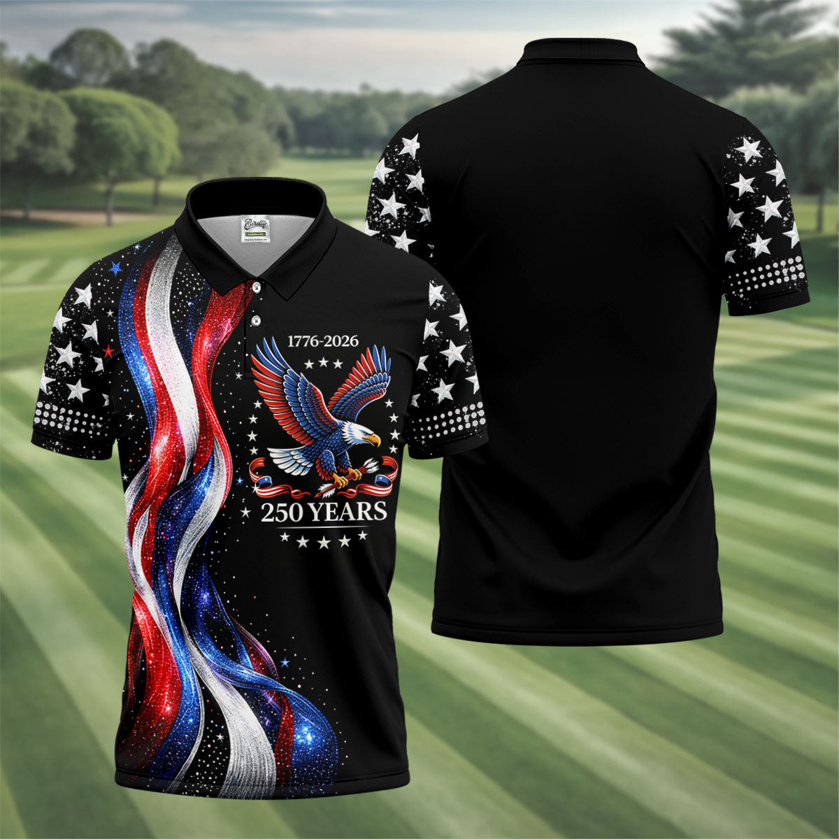 America Bald Eagle Red And White Striped Ribbon 4th Of July Golf Shirt, 250th Anniversary Golf Shirts For Men