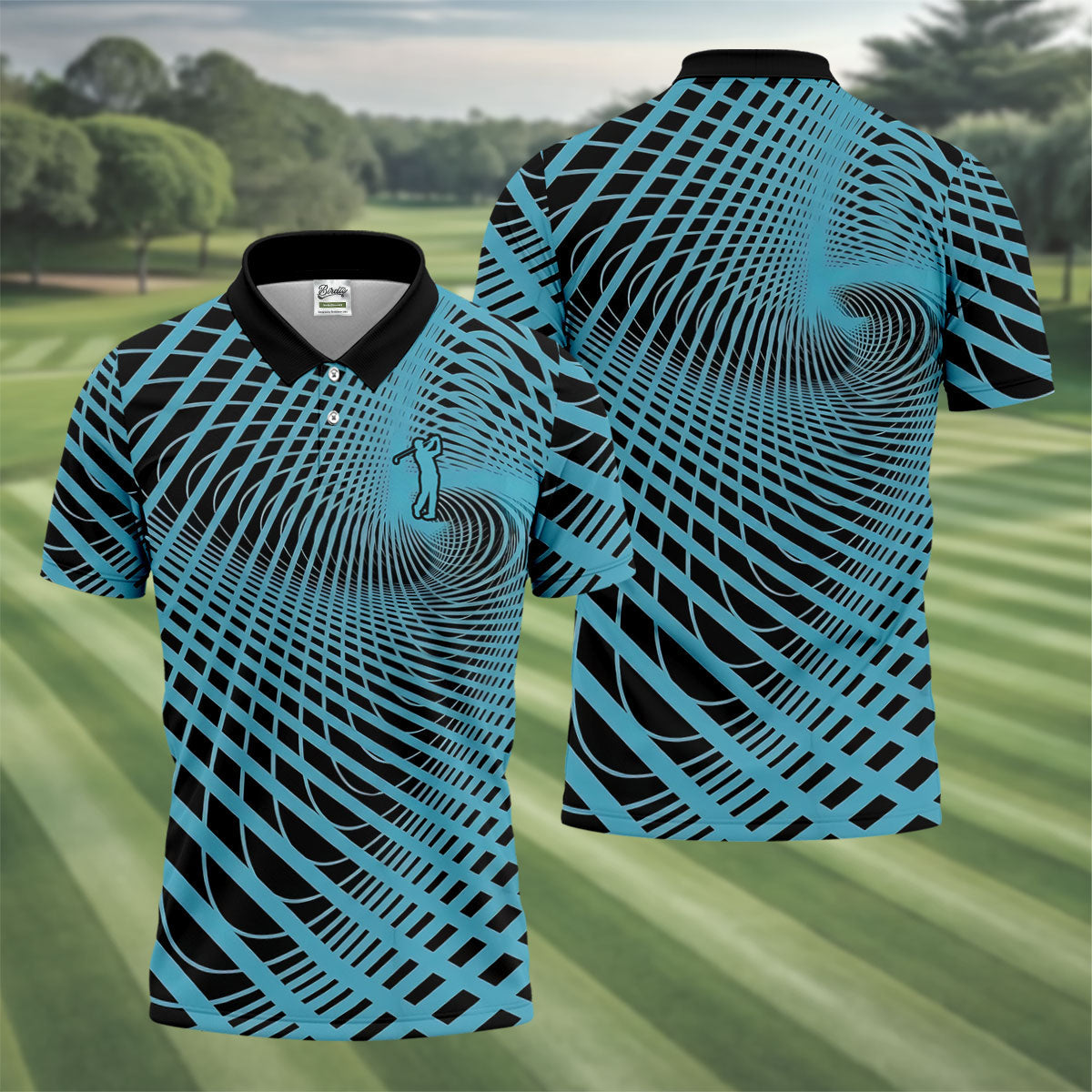 Swirling Vortex Black And Light Blue Golf Shirts For Men, Polo Shirts For Men, Golfing Apparel