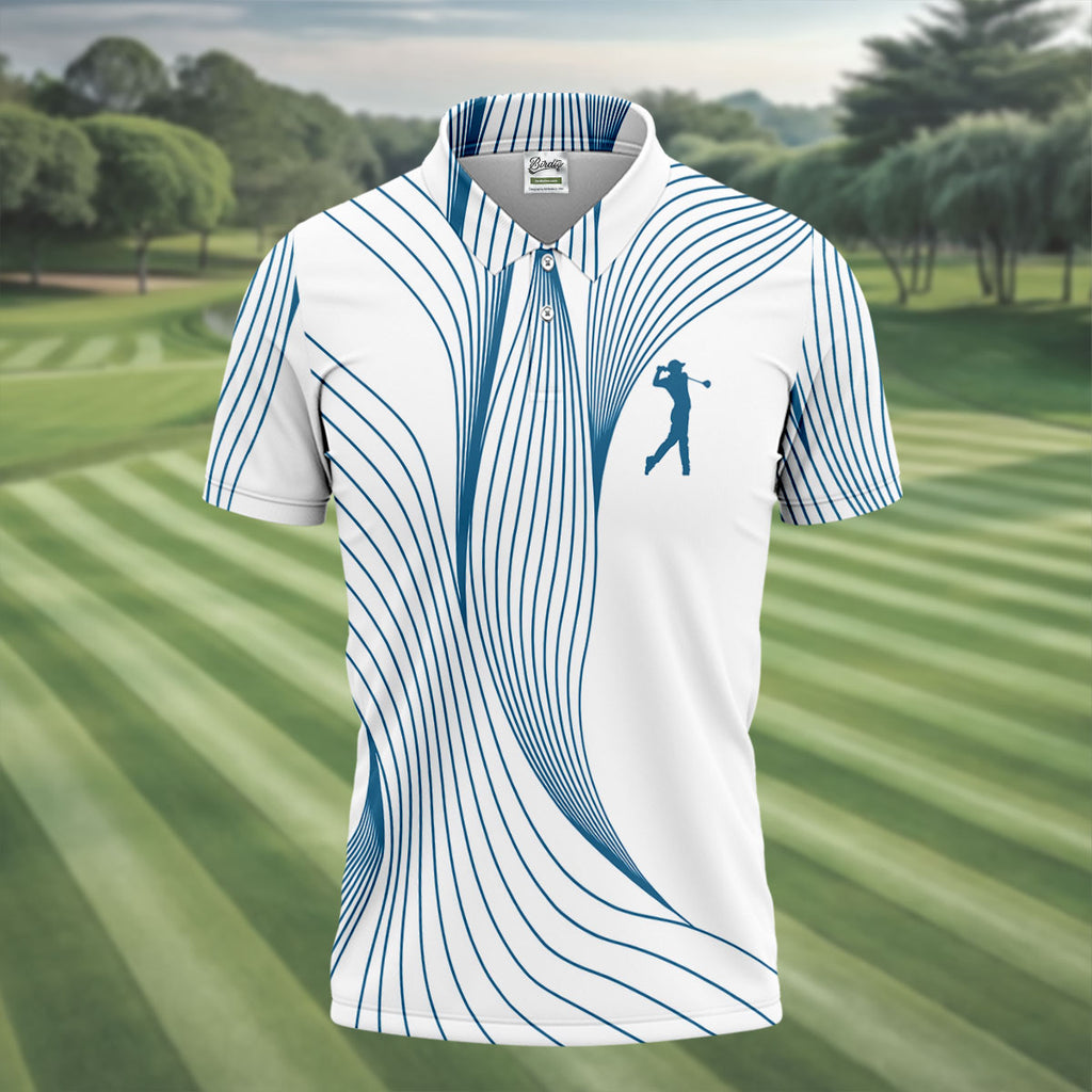 Geometric Line Wavy Line Blue And White Golf Shirts For Men, Men's Golf Shirt, Polo ShirtFor Men
