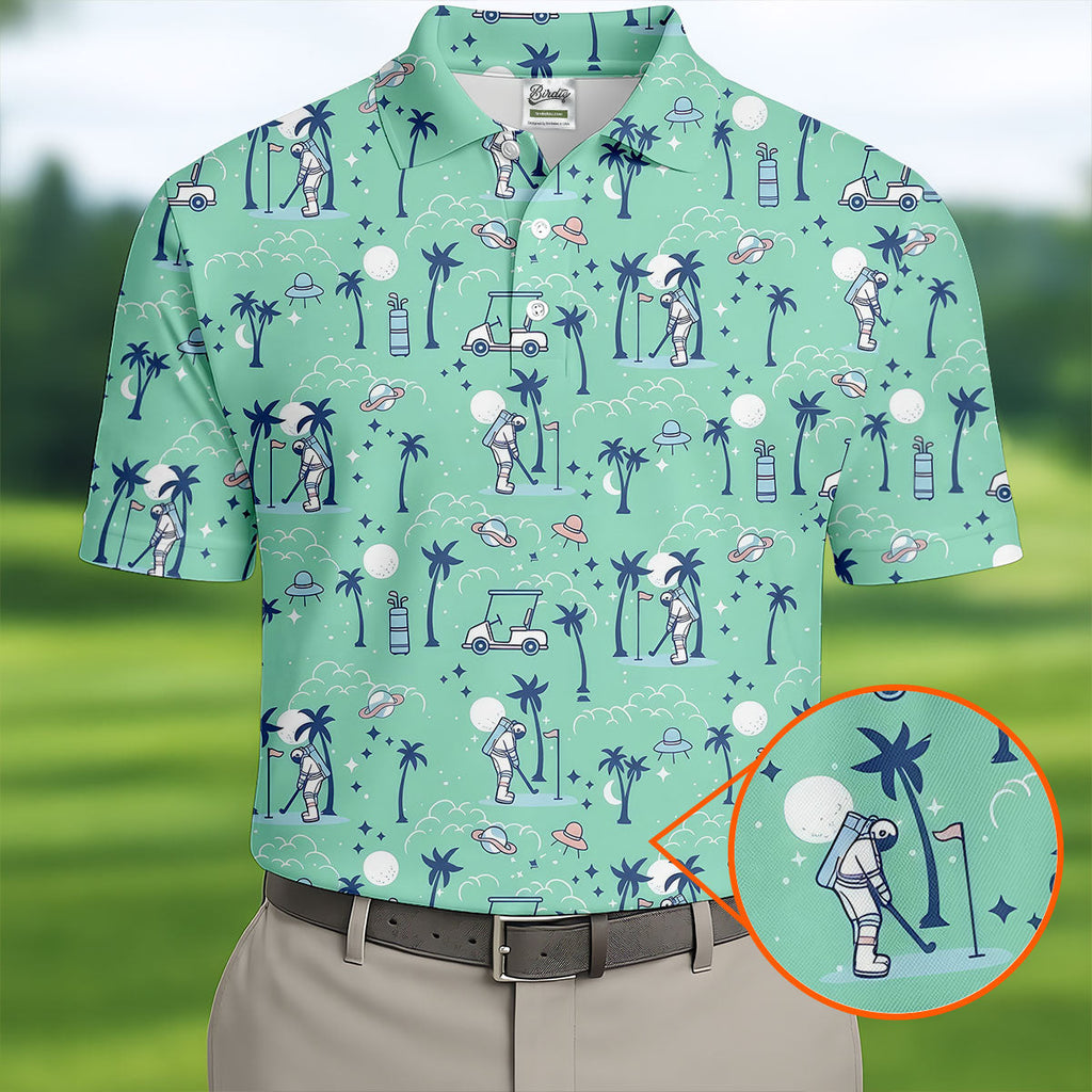 Astronaut Golfing Space Themed Tropical Golf Shirt, Golf Tops For Men, Golf Shirts For Men