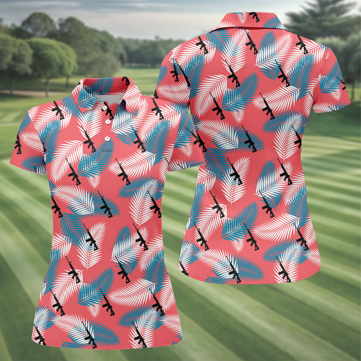 Freedom Lifestyle Green And Pink Hawaiian Golf Shirt, Women's Golf Tops, Ladies Golf Shirt