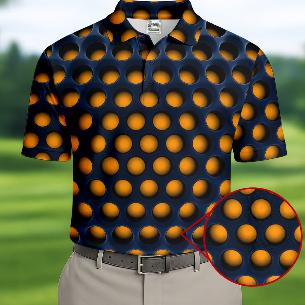 3D Effect Circular Pattern Orange Golf Shirt, Cool Golf Outfit, Men's Funny Golf Shirts, Polo Shirts For Men