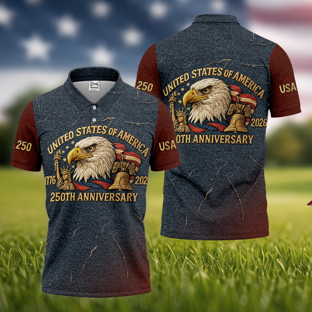 250th Anniversary American Flag And Eagle Denim Color Golf Tops For Men, Patriotic Golf Shirt, Golf Shirts For Men