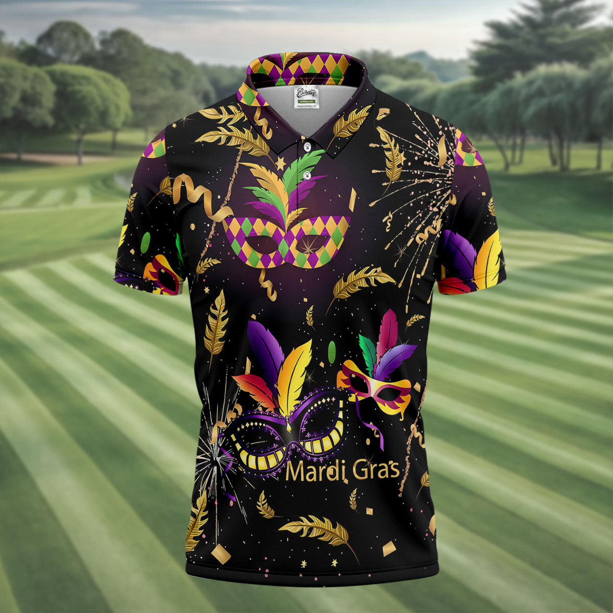 Gold Ribbons Mardi Gras Masquerade Mask Golf Tops For Men, Polo Shirts For Men, Golf Shirts For Men