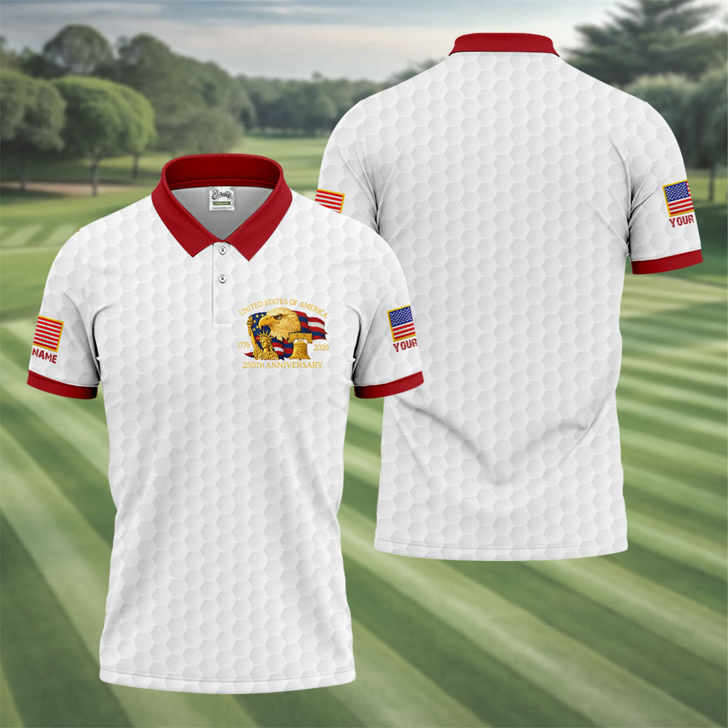 United States 250th Anniversary Patriotic Eagle White Custom Golf Shirts, 4th Of July Golf Shirts For Men