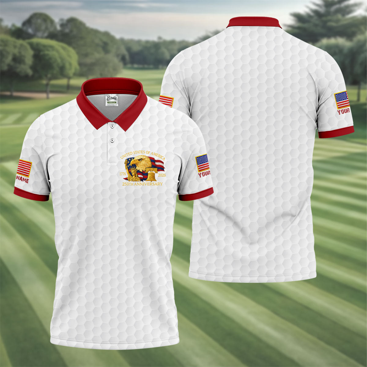 United States 250th Anniversary Patriotic Eagle White Custom Golf Shirts, 4th Of July Golf Shirts For Men