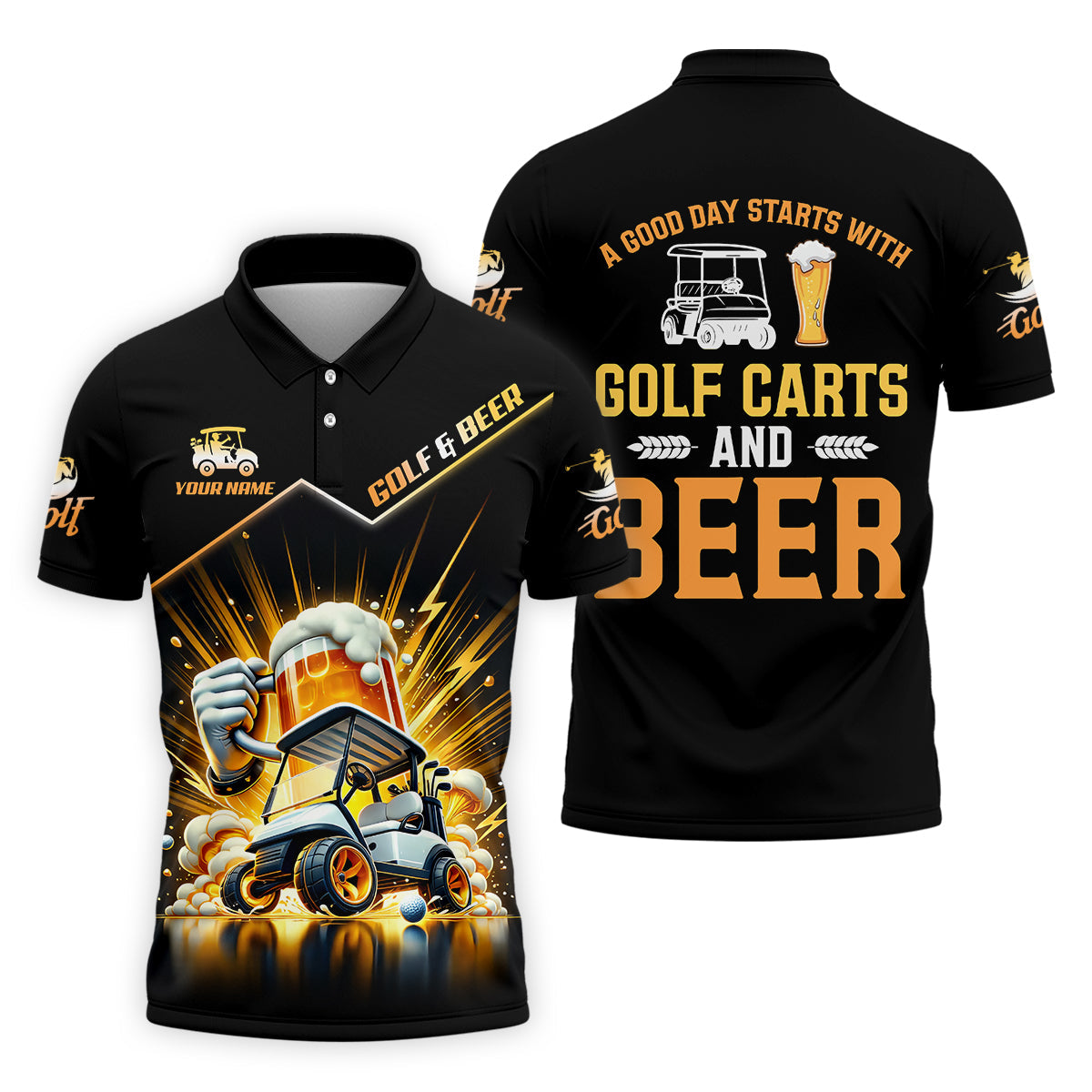 A Good Day Starts With Golf Carts And Beer Custom Funny Golf Polo Shirt, Dad Golf Gifts