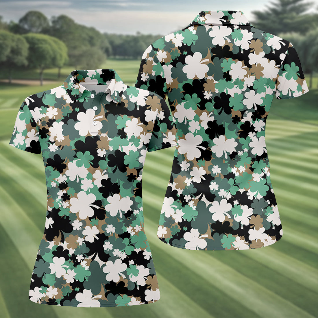 Irish Camo St. Patrick’s Day Shamrock Golf Shirt, Women's Golf Tops, Ladies Golf Polos