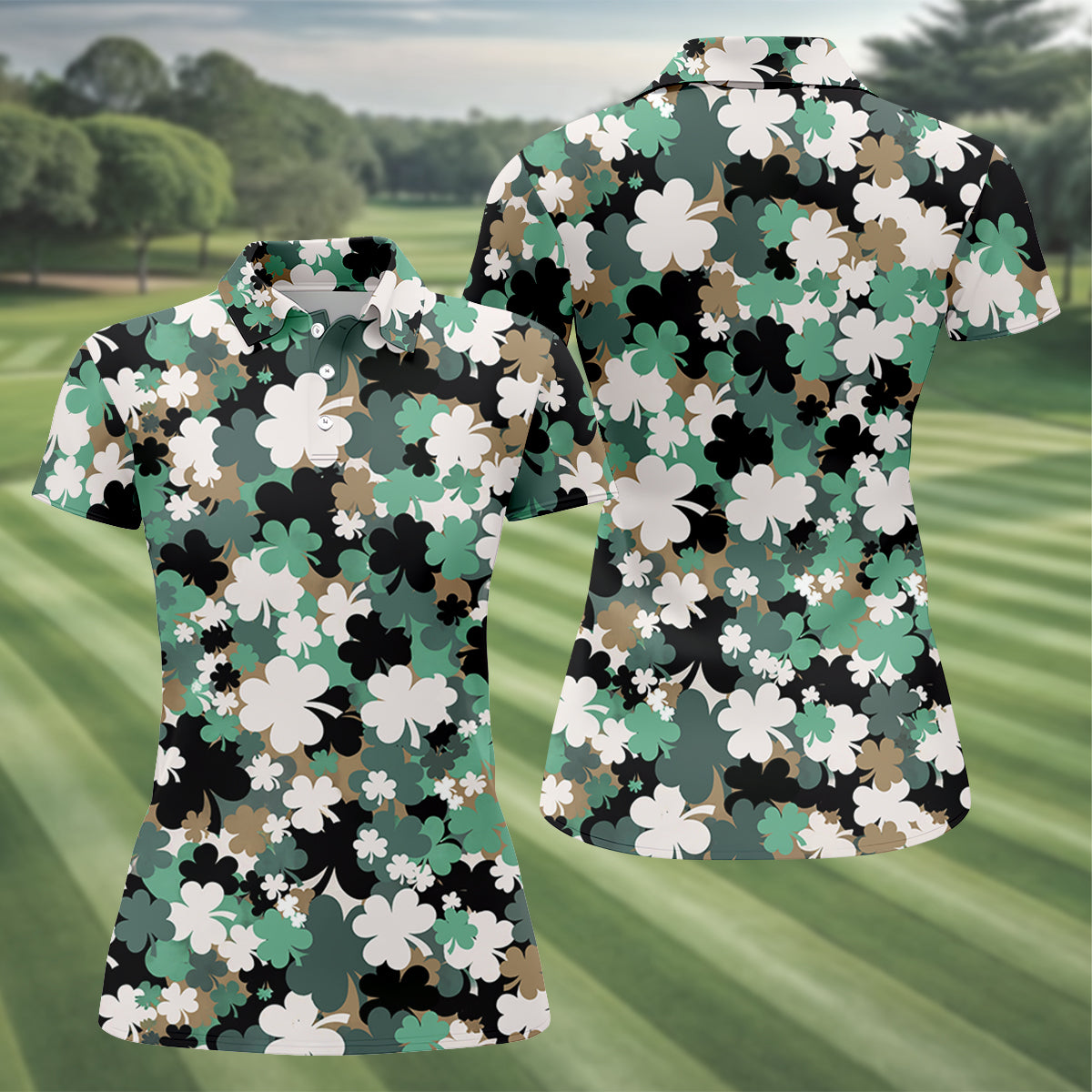 Irish Camo St. Patrick’s Day Shamrock Golf Shirt, Women's Golf Tops, Ladies Golf Polos