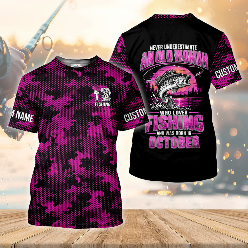Never Underestimate An Old October Fishing Woman UPF Shirt, Mens Fishing Shirt