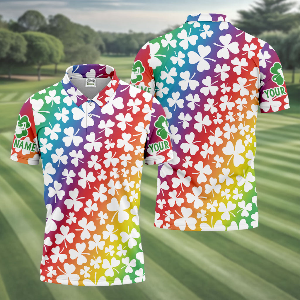 Rainbow Shamrock St Patrick's Day Golf Shirt, Golf Tops For Men, Polo ShirtFor Men, Golf Shirts For Men