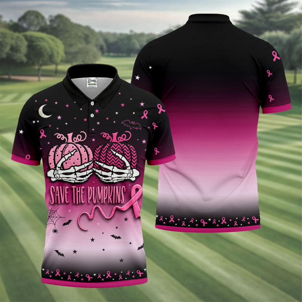 Save The Pumpkins Halloween Breast Cancer Golf Polo Shirt, Golf Apparel For Men
