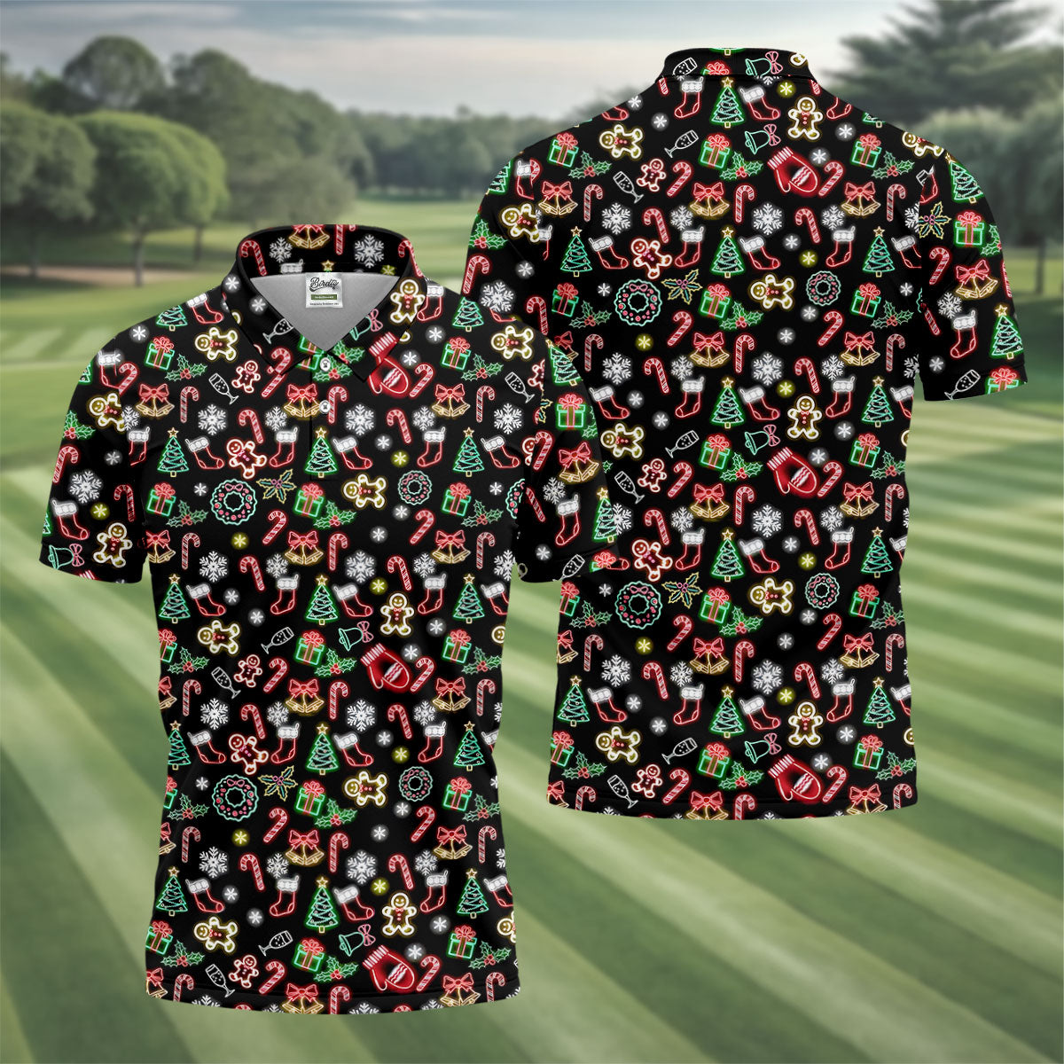 Neon Christmas Pattern Black Golf Polo Shirt, Fun Men's Golf Polos, Christmas Golf Gift, Golfing Apparel