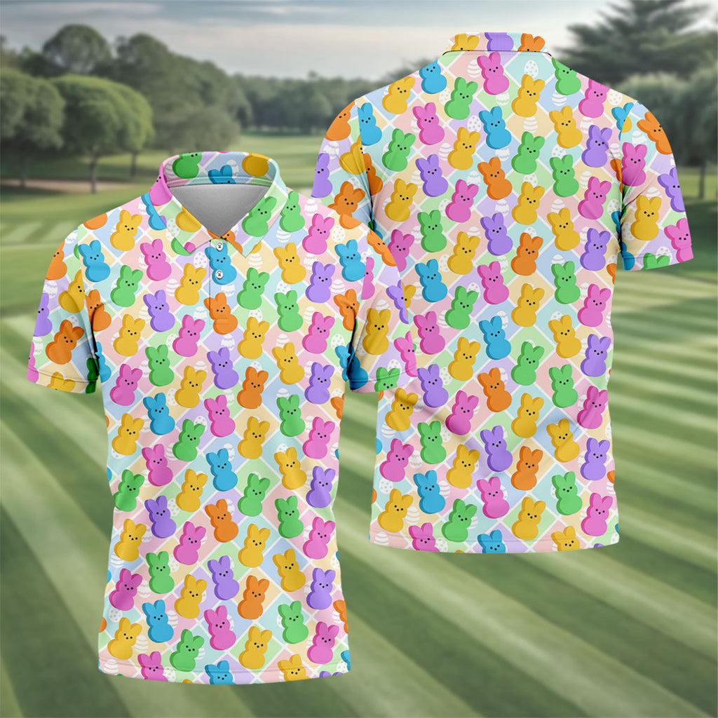 Pastel Easter Peeps Colorful Checkered Golf Shirts For Men, Cute Golf Outfit, Polo ShirtFor Men