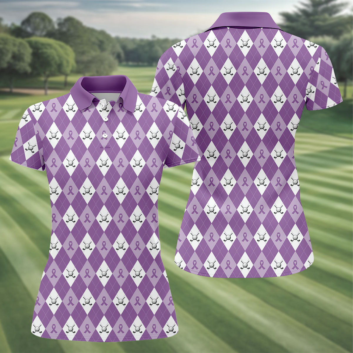 Pancreatic Cancer Purple And White Argyle Pattern Ladies Golf Shirts, Cancer Awareness Shirt