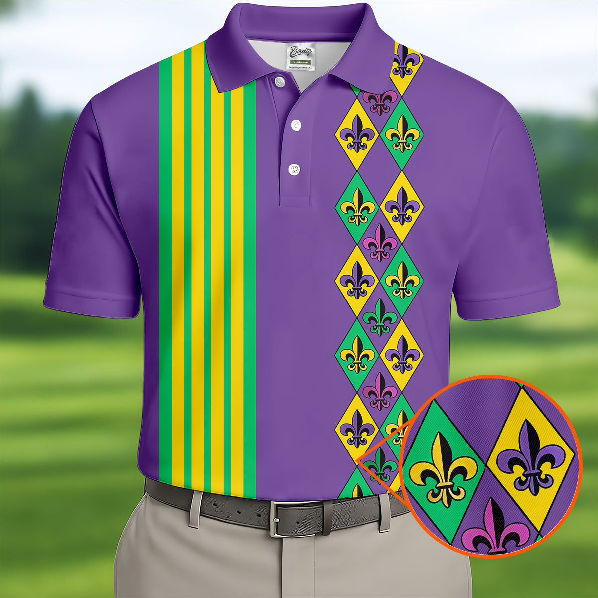 Fleur De Lis Argyle Pattern Purple Green Gold Stripes Golf Tops For Men, Polo Shirts For Men, Golf Shirts For Men