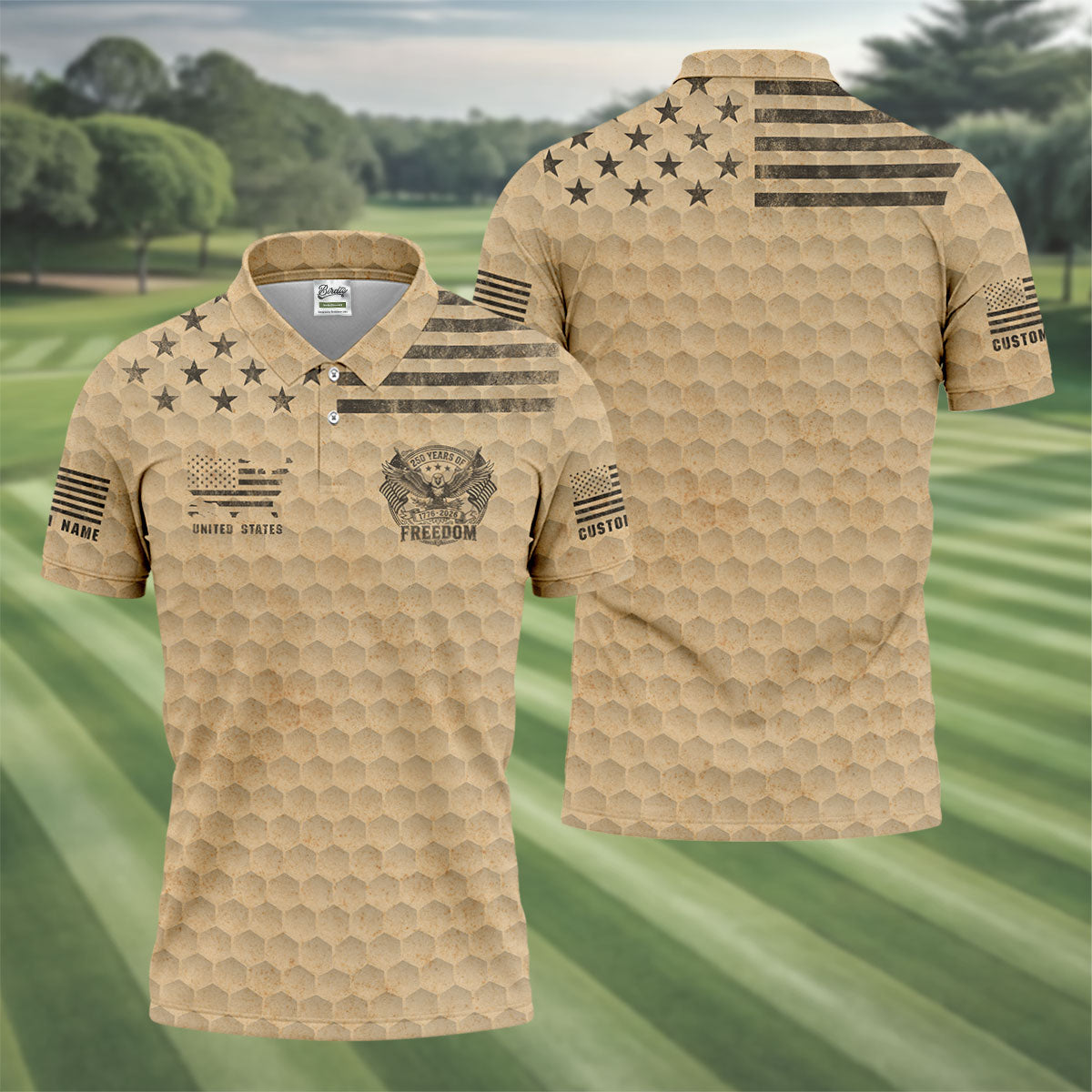 250 Years Of Freedom Distressed Golf Ball Pattern Patriotic Golf Shirt, 4th Of July Golf Shirts For Men