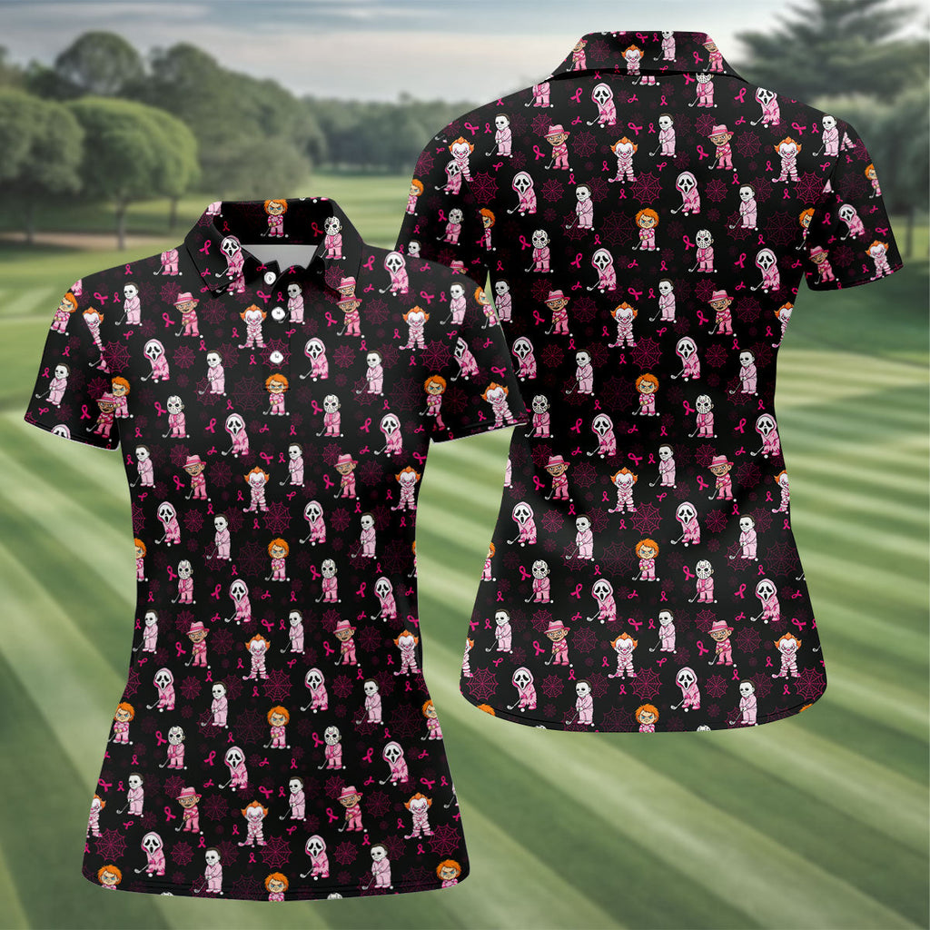 Black Halloween Horror Breast Cancer Polo Shirt, Women's Golf Polo, Golf Tops For Women