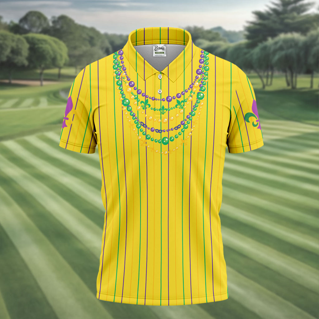 Mardi Gras Beads Necklaces Print Yellow Golf Shirt, Golf Tops For Men, Polo Shirts For Men, Golf Shirts For Men