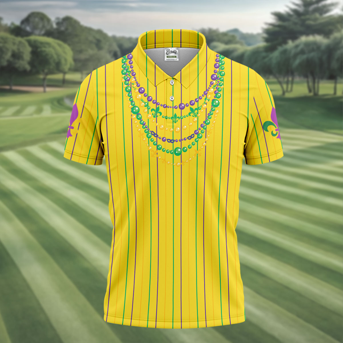 Mardi Gras Beads Necklaces Print Yellow Golf Shirt, Golf Tops For Men, Polo Shirts For Men, Golf Shirts For Men