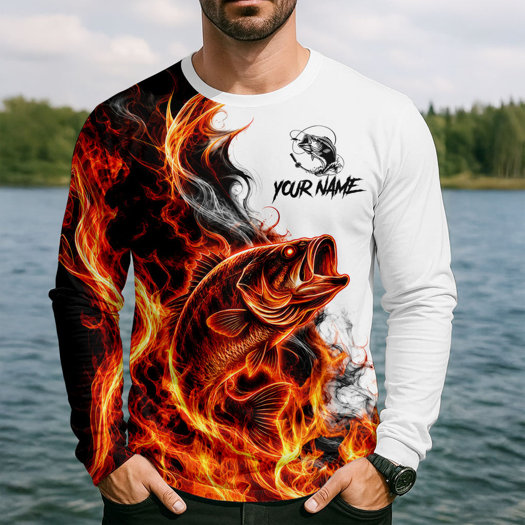 Your Name Fire Bass Fishing UPF Shirt, Fishing Shirts For Men, Long Sleeve Fishing Shirt