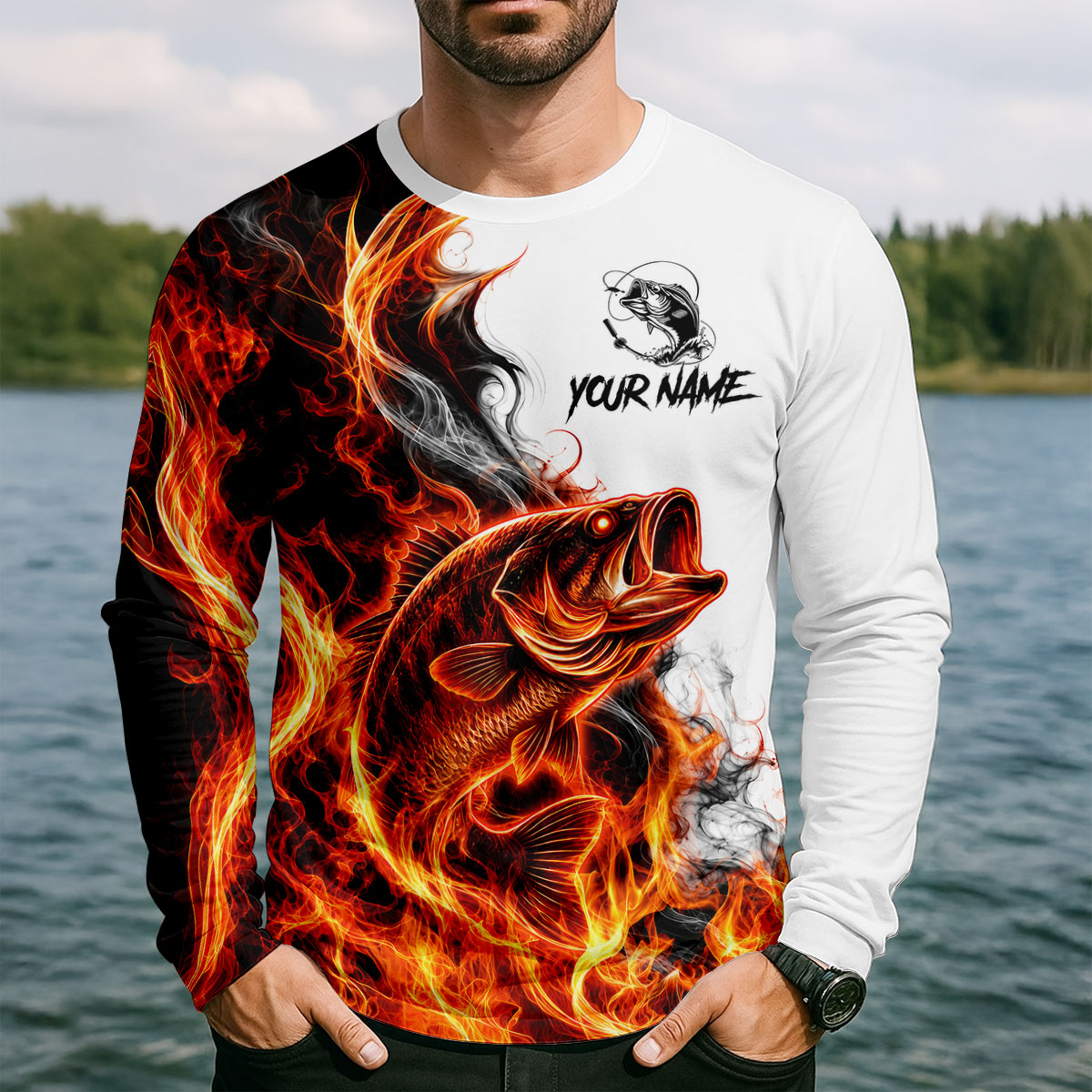 Your Name Fire Bass Fishing UPF Shirt, Fishing Shirts For Men, Long Sleeve Fishing Shirt