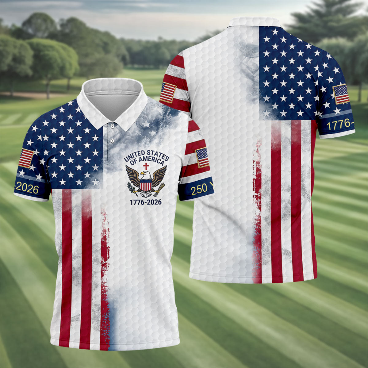 USA Flag Pattern 1776-2026 Distressed Vintage Golf Shirt, 250th Anniversary 4th Of July Golf Shirts For Men