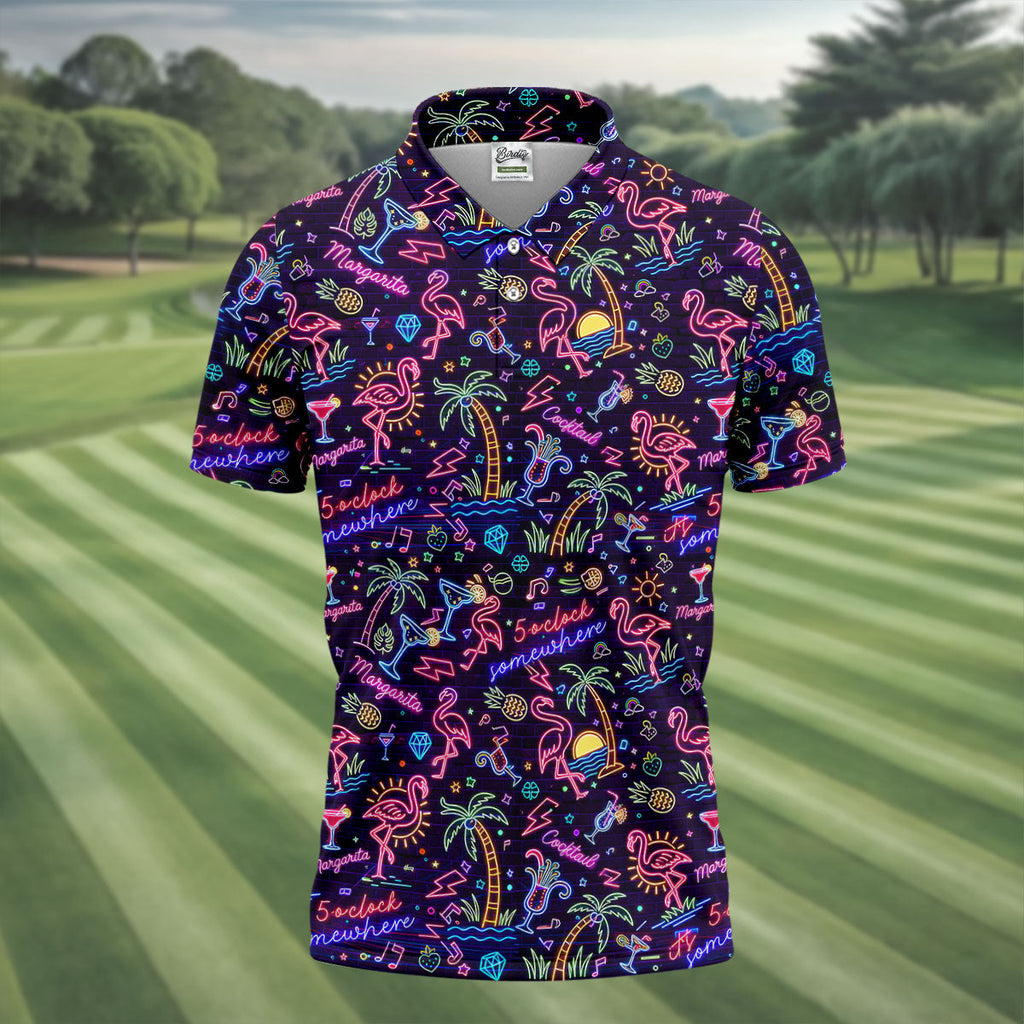 Tropical Theme Neon Pattern Black Golf Shirt, Men's Funny Golf Shirts, Polo Shirts For Men