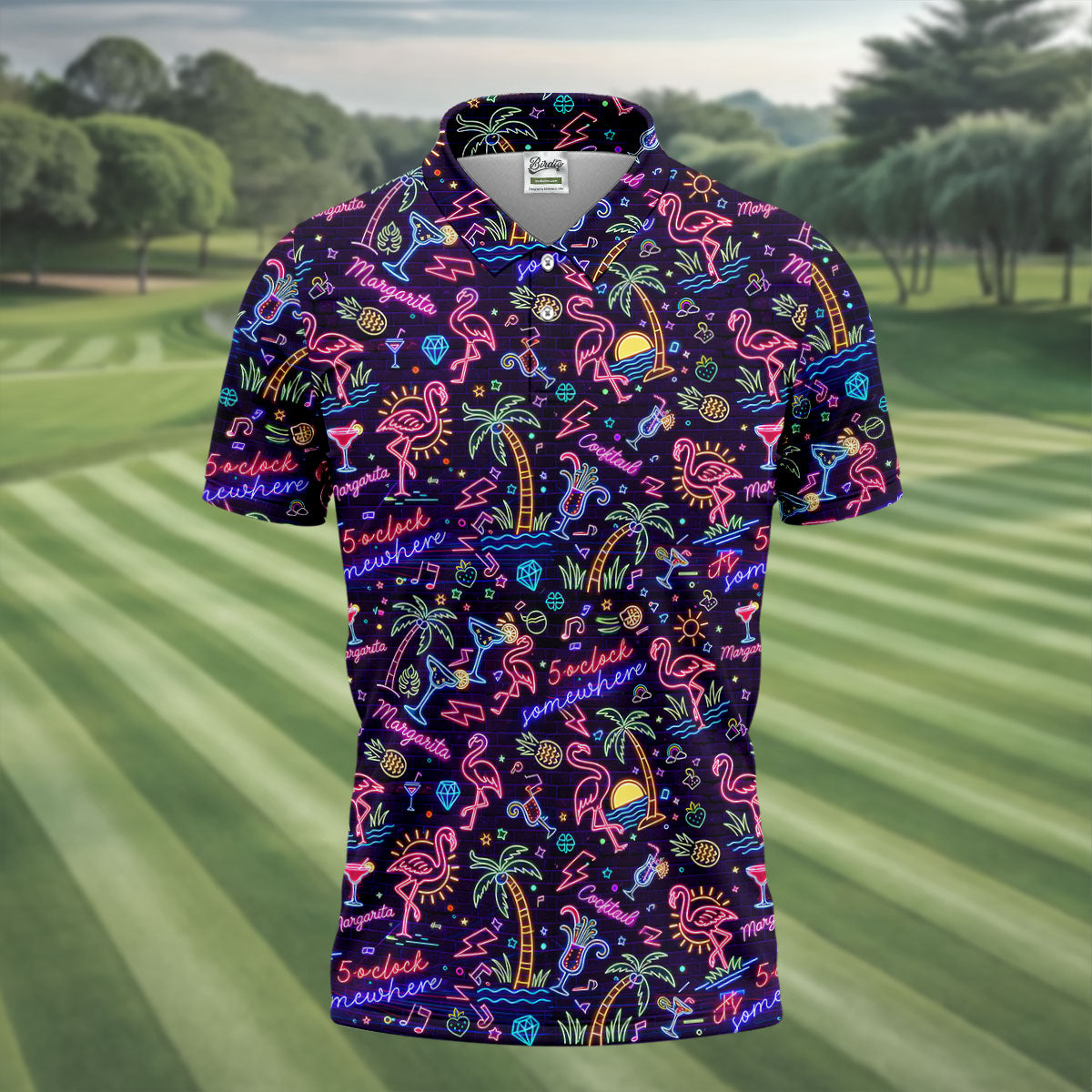 Tropical Theme Neon Pattern Black Golf Shirt, Men's Funny Golf Shirts, Polo Shirts For Men