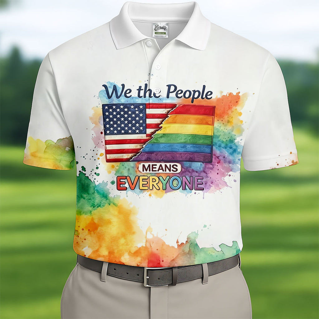 We The People Means Everyone Water Color Print Golf Shirt, LGBTQ Month Polo Shirts For Men