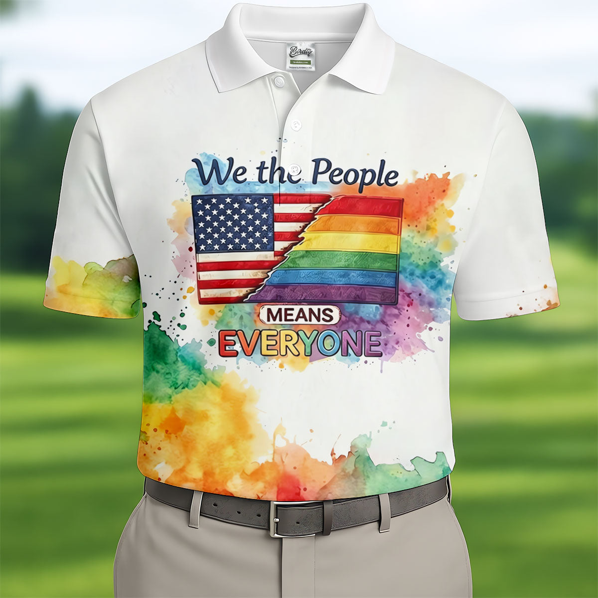 We The People Means Everyone Water Color Print Golf Shirt, LGBTQ Month Polo Shirts For Men