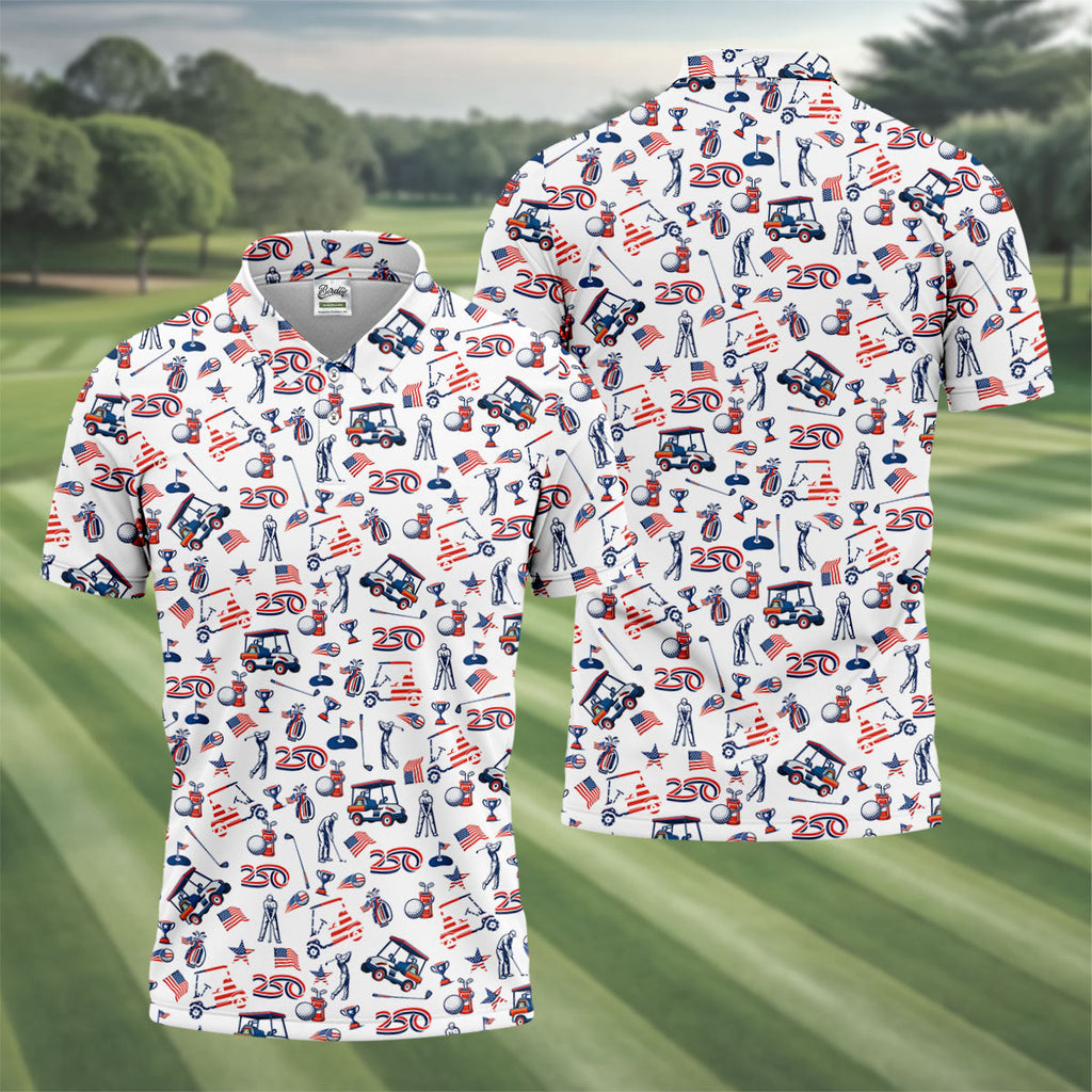 250th Anniversary US Flag Pattern Patriotic Golf Shirt, 4th Of July Golf Shirt Golf Tops For Men, Golf Shirts For Men