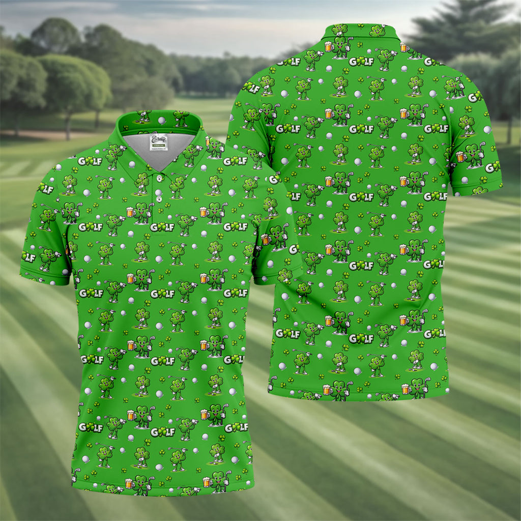 Three Leaf Clover Golf And Beer St Patrick's Day Green Golf Shirt, Fun Golf Shirts For Men, Polo Shirts For Men