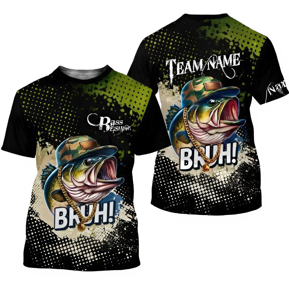 Personalized Bass Fishing T-shirt, Cool Fish Design with 'Bruh!' Quote, Team Fishing Shirt