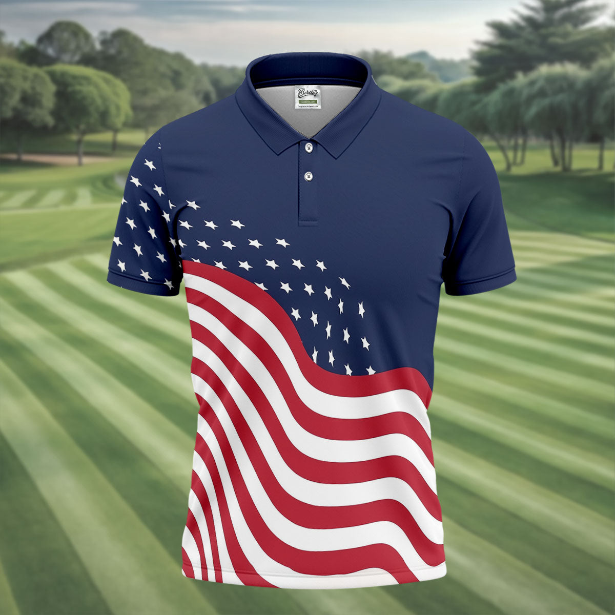 Red White Blue Wavy Stripes And Stars 4th Of July Patriotic Golf Shirt, 250 Years Golf Shirts For Men