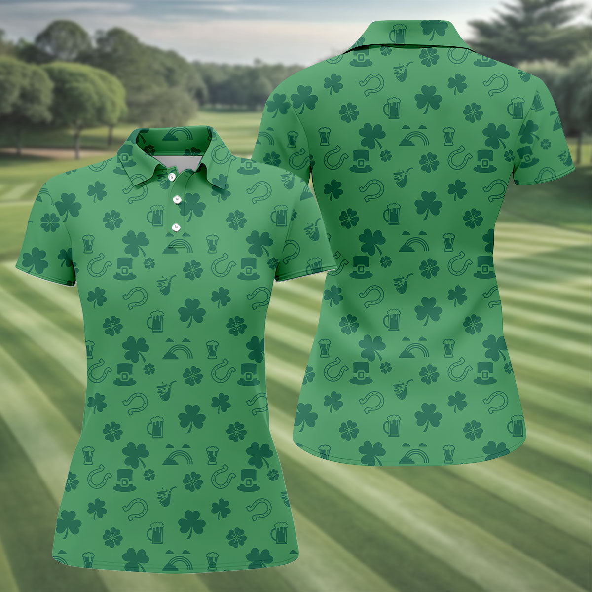 Leprechaun Hat Shamrock Beer Dark Green Seamless Pattern St. Patrick’s Day Golf Shirt, Women's Golf Tops