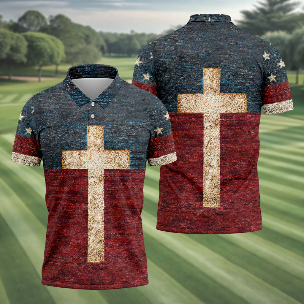 American Flag USA Faith Christian Cross Golf Shirt, Patriotic 4th Of July Golf Shirts For Men