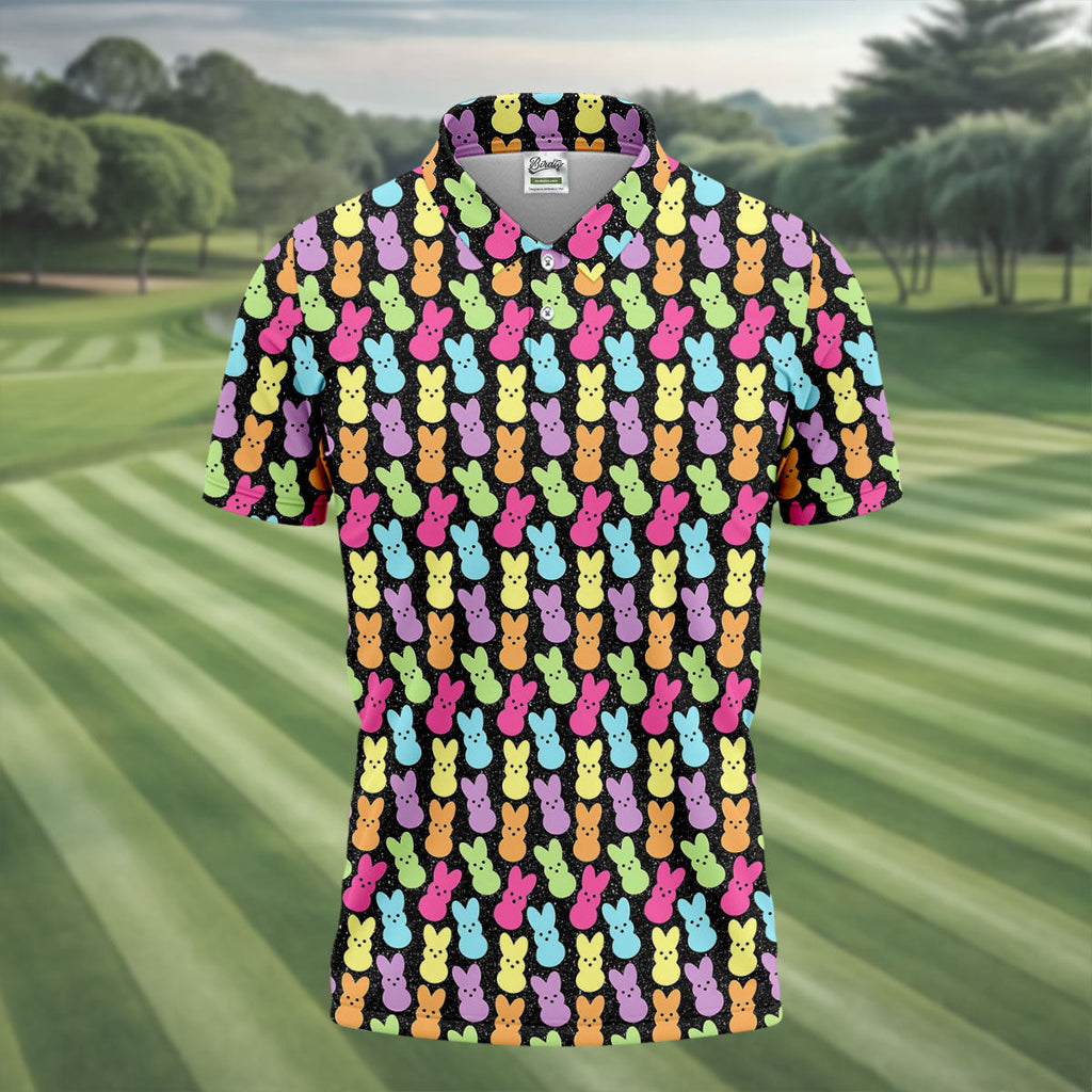 Colorful Easter Peeps Black Golf Shirt, Golf Shirts For Men, Cute Golf Outfit, Polo Shirts For Men